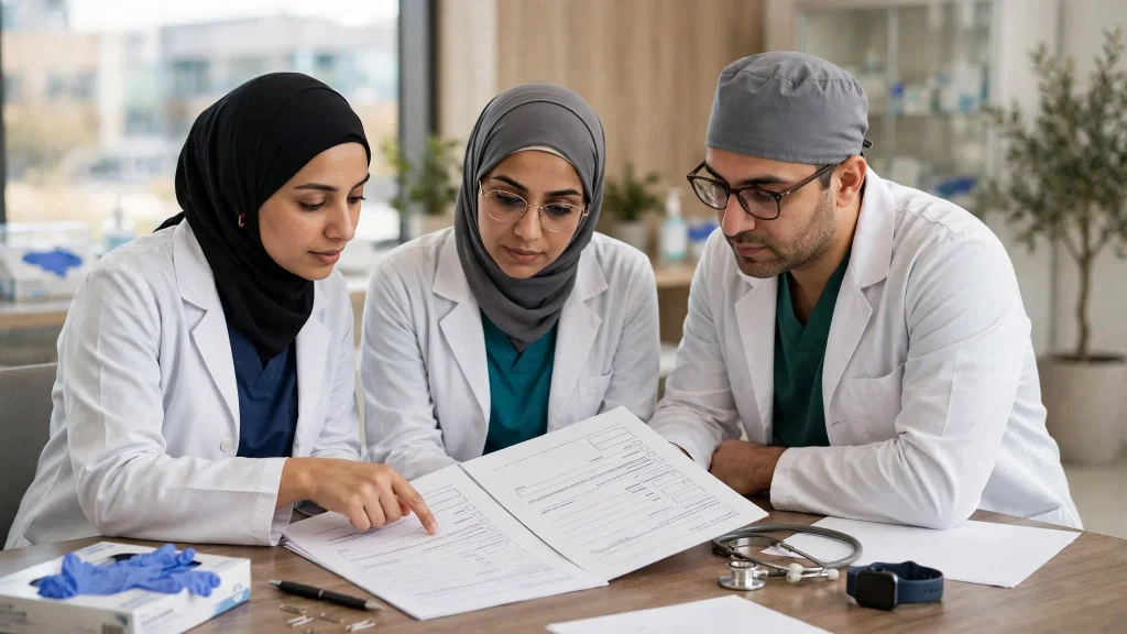 Saudi clinicians reviewing ethics and registration documents for medical research