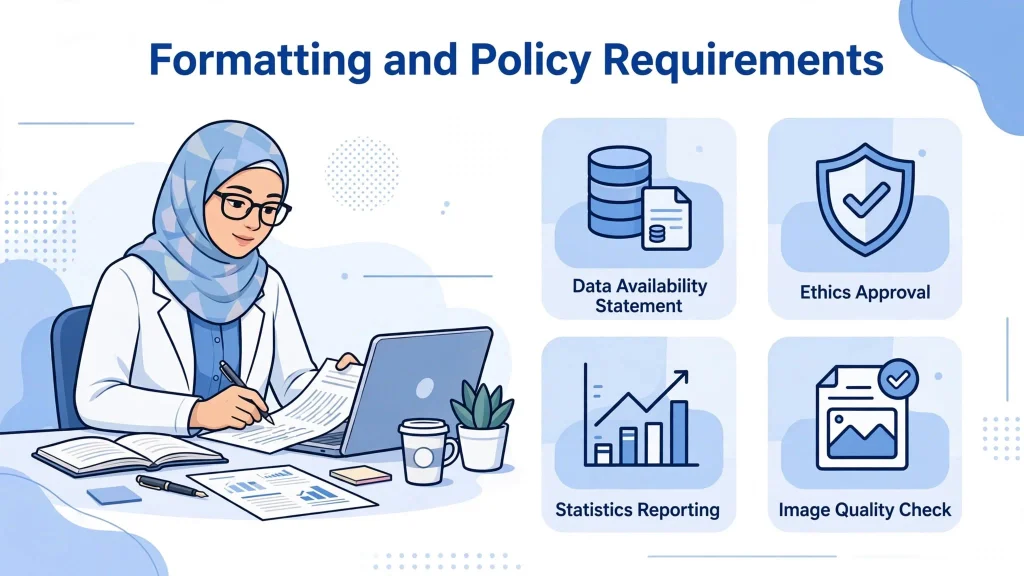 Formatting and policy requirements for Scientific Reports including data availability, ethics approval, statistics reporting, and image quality