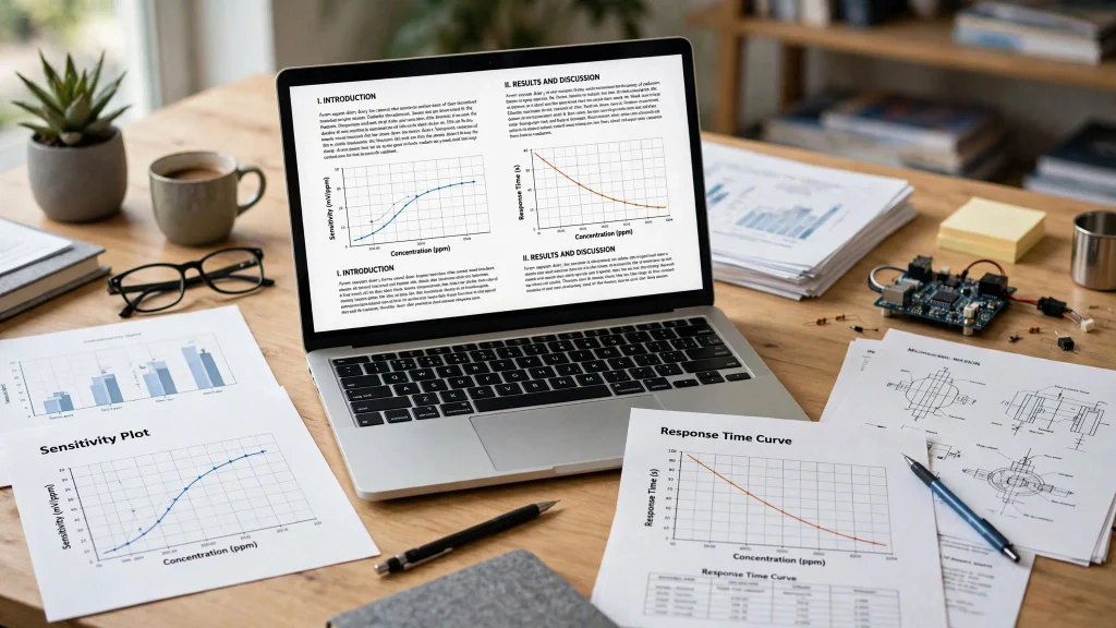 IEEE Sensors Journal formatting with sensitivity and response time plots on desk