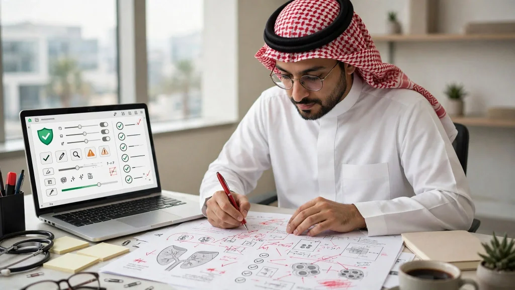 Saudi researcher conducting language review of medical manuscript before journal submission