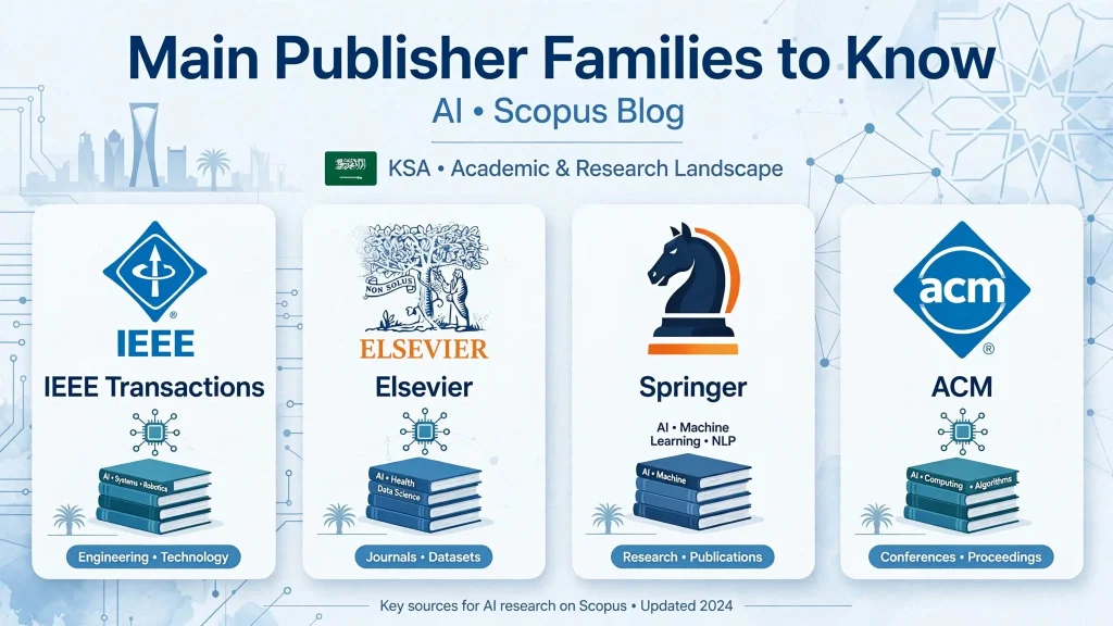 Main publisher families for AI research in Scopus journals including IEEE, Elsevier, Springer, and ACM