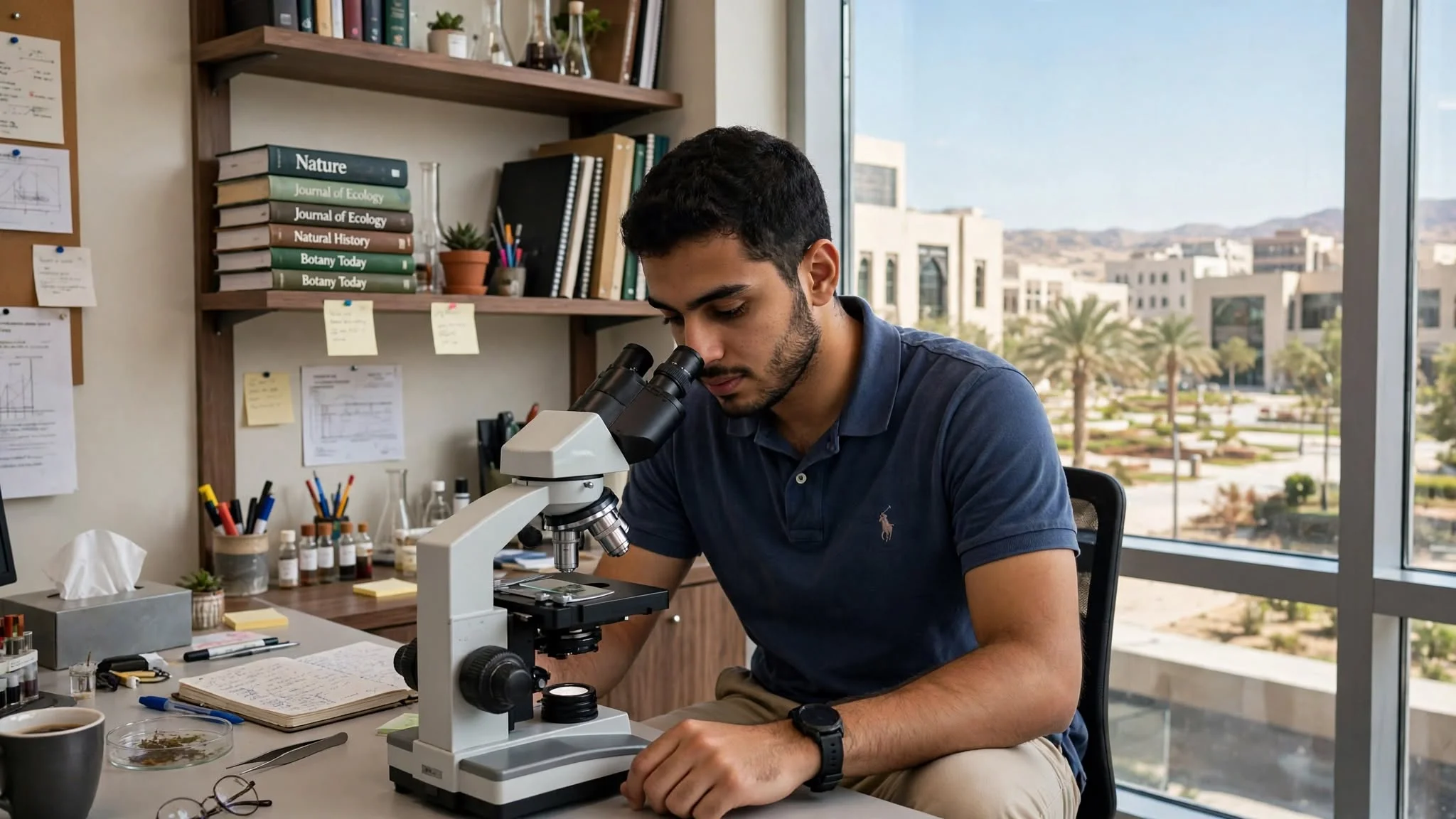 Saudi researcher in casual attire working with microscope