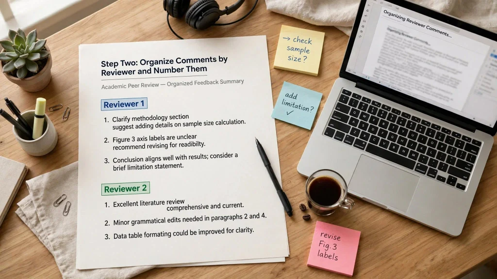 Document organizing peer review comments by Reviewer 1 and Reviewer 2 with numbered points on academic desk