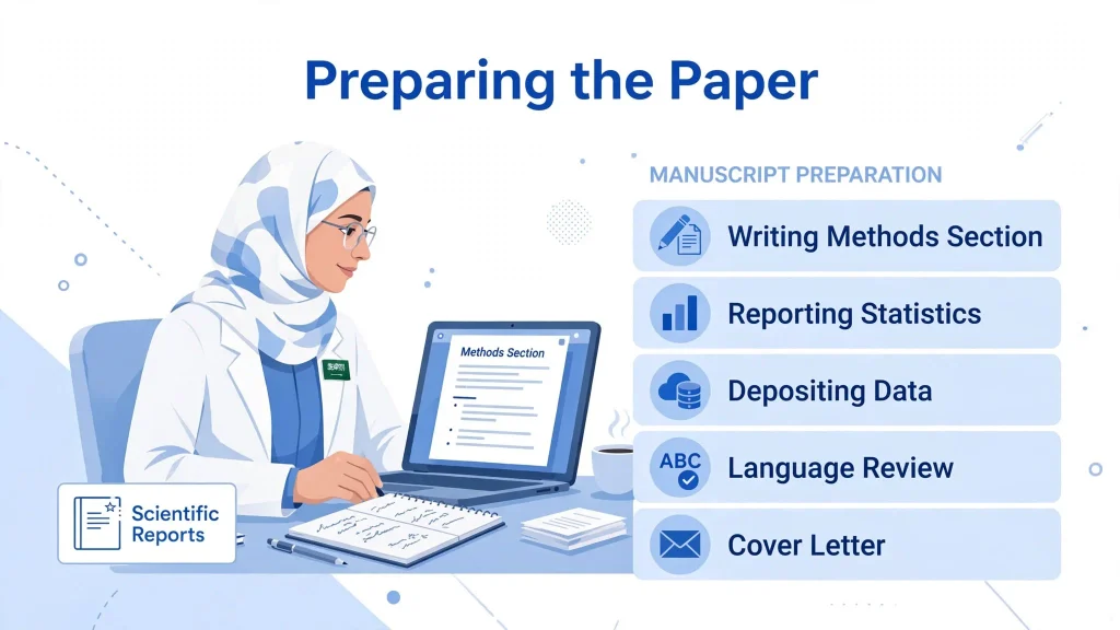 Researcher preparing manuscript for Scientific Reports with methods writing, statistics, data deposit, language review, and cover letter steps