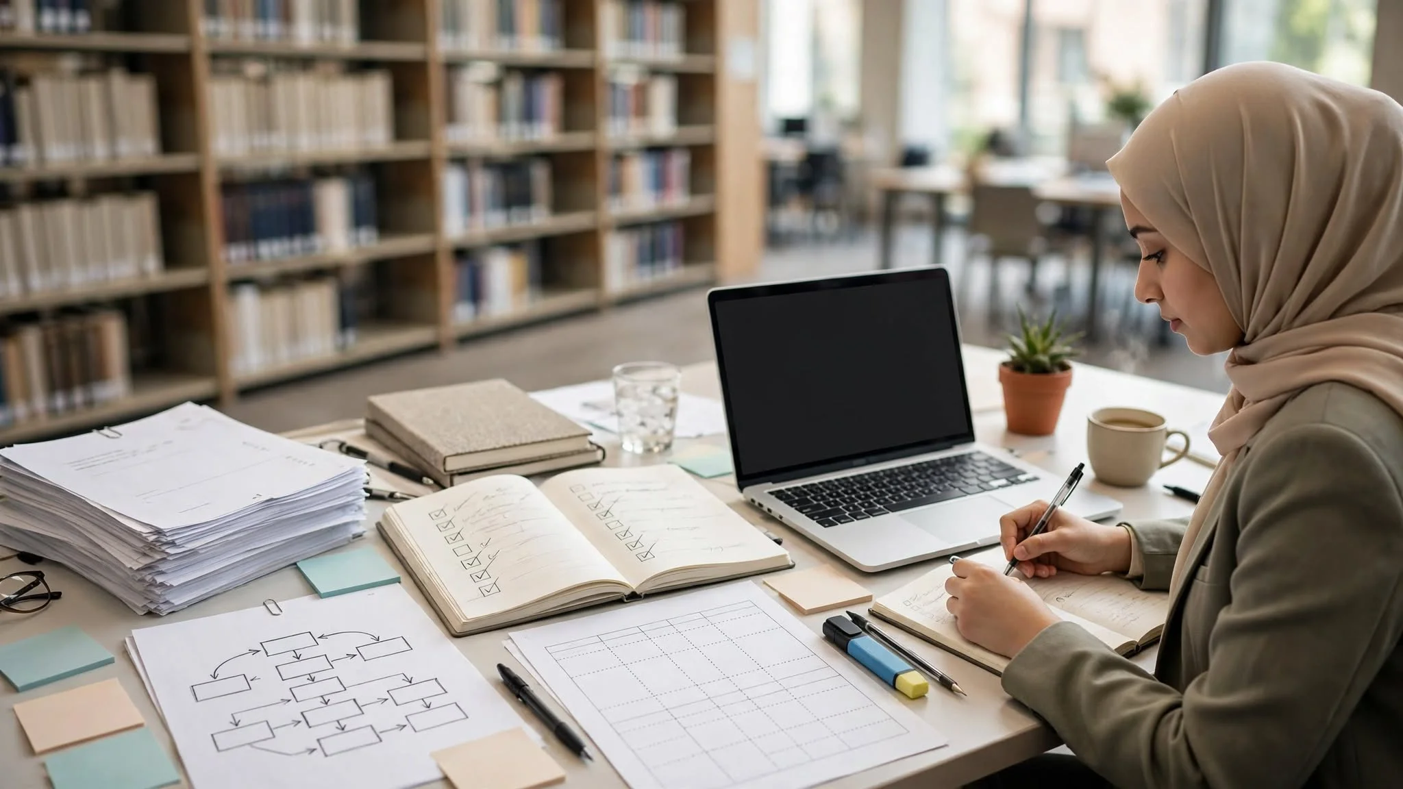 Graduate student writing research assumptions in university library
