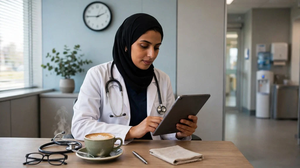 Busy Saudi clinician reading research letters and short reports on tablet during break