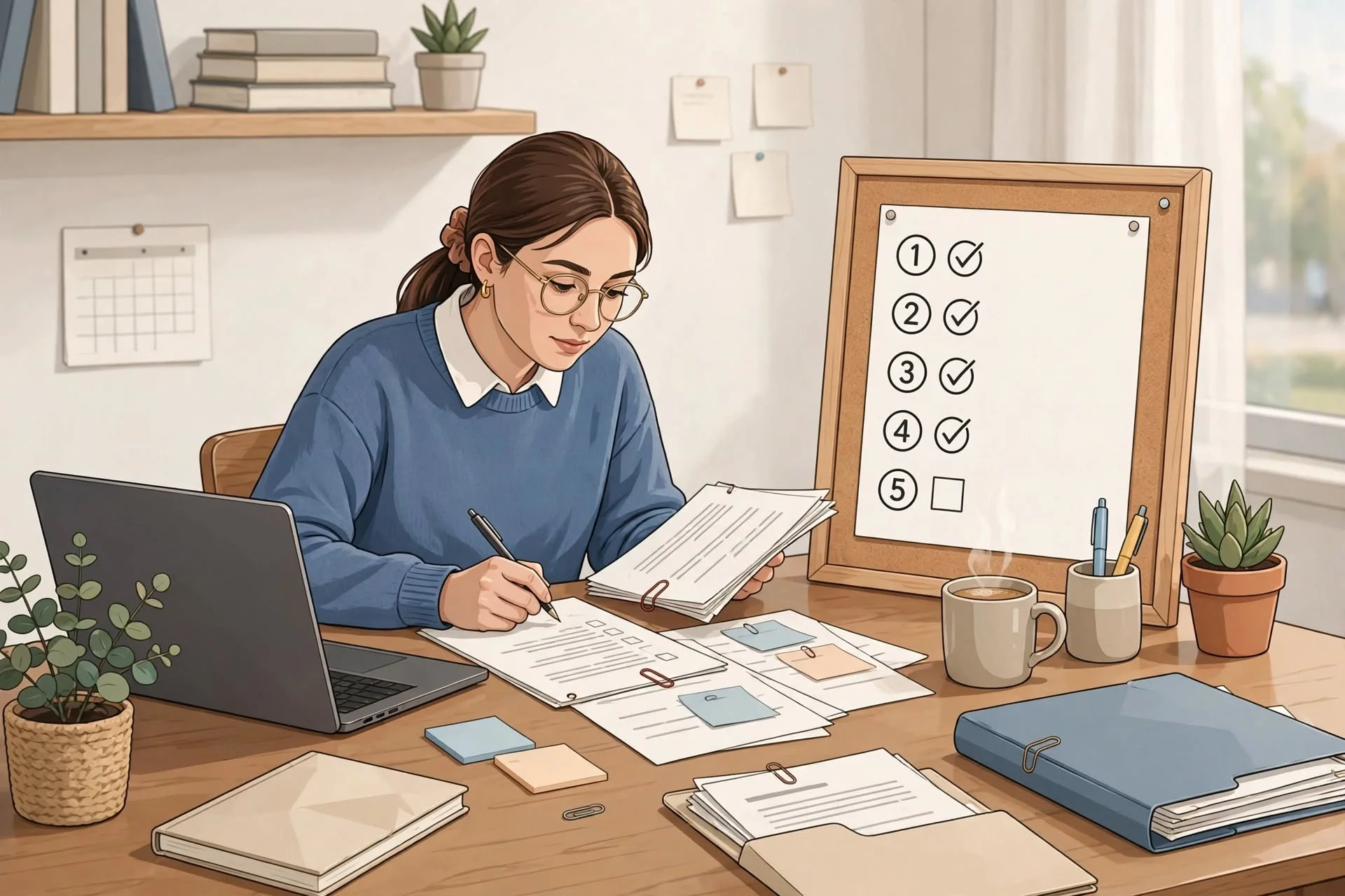 Researcher organizing reviewer comments using a step-by-step checklist at desk