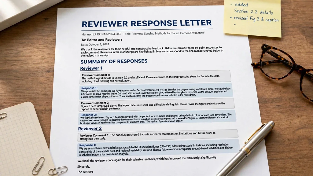 Professional reviewer response letter template showing point-by-point format with reviewer comments and author responses