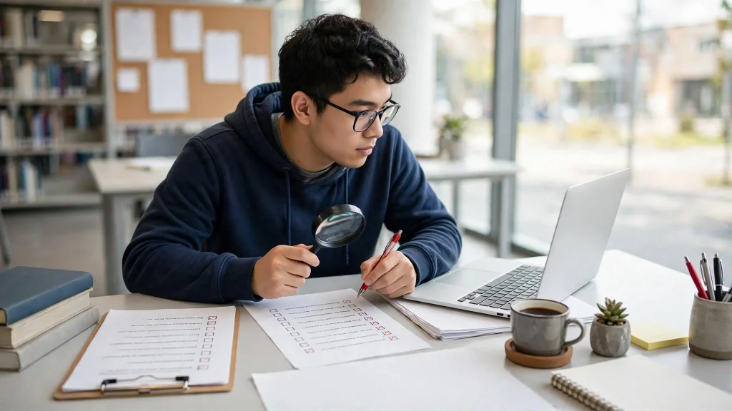Graduate student reviewing research assumptions checklist with magnifying glass and laptop facing him
