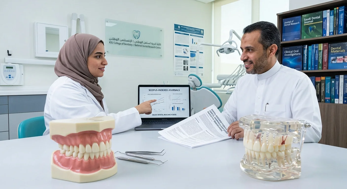 Saudi dental researchers reviewing Scopus journal analytics in a lab.