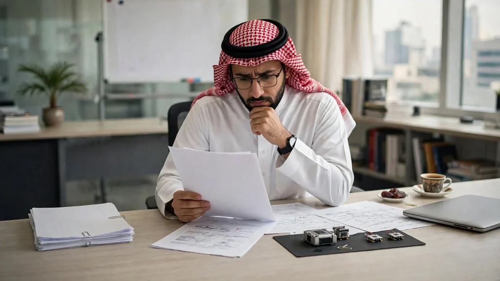 Saudi researcher reviewing IEEE Sensors Journal paper on clean desk with sensor prototypes