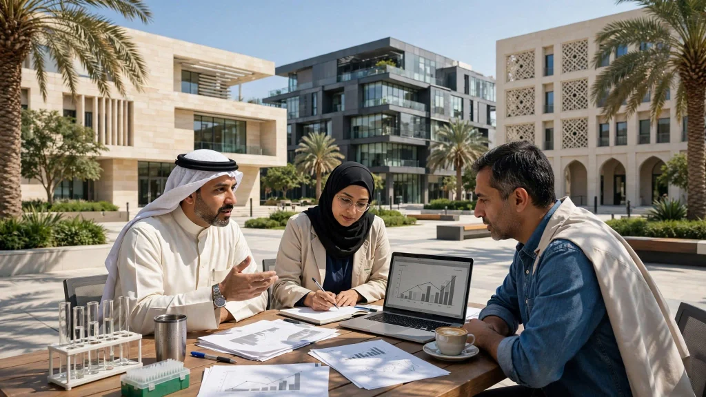 Researchers discussing research funding at Saudi university campus