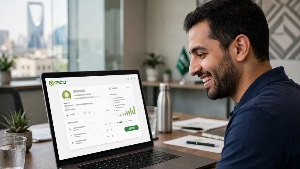 Saudi researcher viewing ORCID profile on laptop