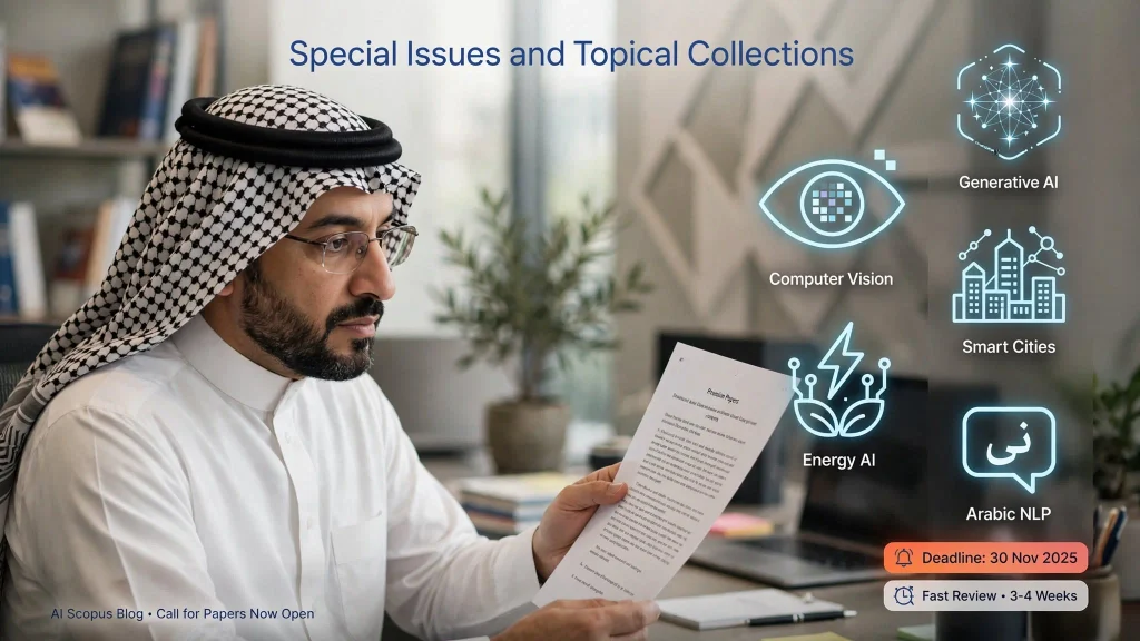 Researcher reviewing special issues and topical collections in AI for Scopus journals including generative AI and Arabic NLP