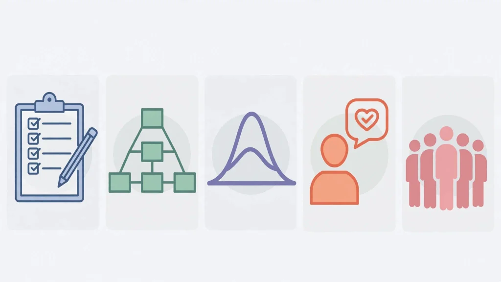 Five common types of research assumptions icons - methodological, theoretical, statistical, participant, and sampling