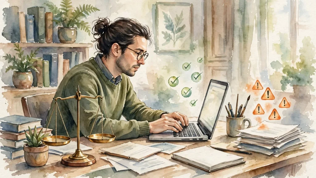 Researcher at desk weighing AI use with balance scale, green checks for basic help and orange warnings for substantial generation