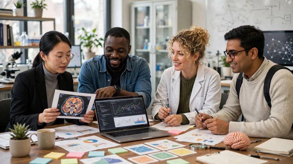 Diverse researchers collaborating on neuroscience and data science projects suitable for Frontiers journals