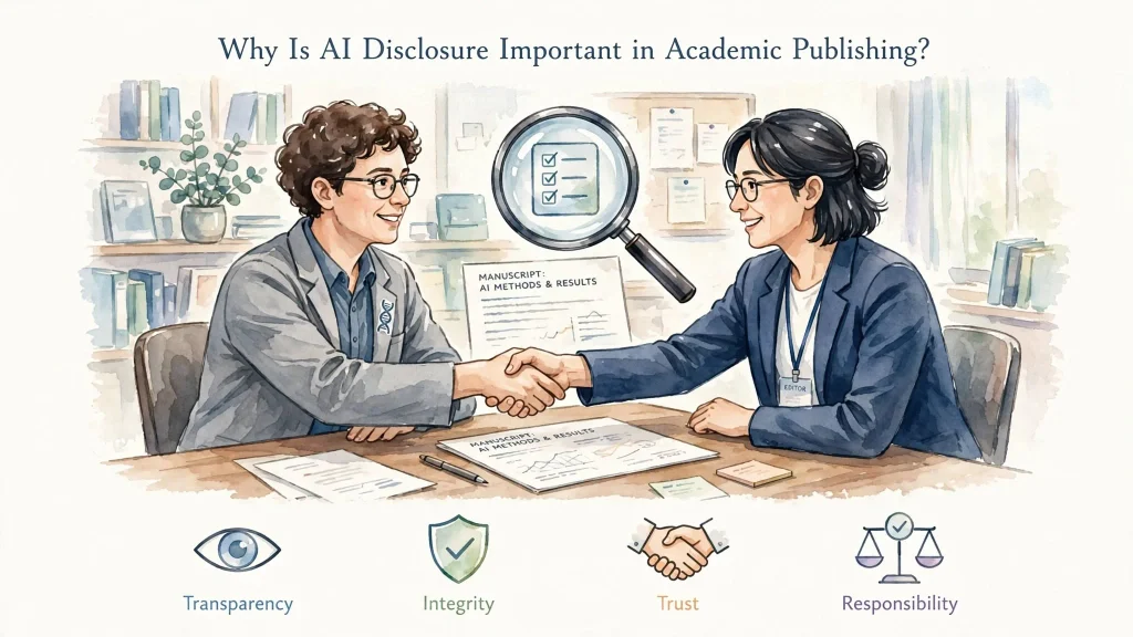 Researcher and editor handshake over manuscript with transparency, integrity, trust and responsibility icons